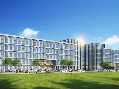 Modern Office Building With Glass Curtain Walls Green Lawn Trees And Sunlight Under Blue Sky 3d model