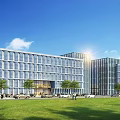 Modern Office Building With Glass Curtain Walls Green Lawn Trees And Sunlight Under Blue Sky