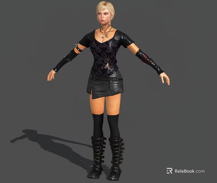 Game Movie Character With Blonde Hair In Black Leather Outfit Short Skirt And Long Boots 3d model 