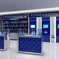 Modern Retail Store Interior With Blue Counters Display Shelves And Product Bottles