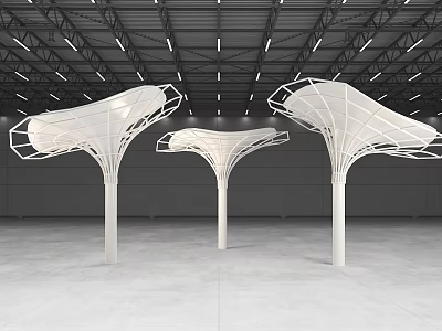 Modern Sculptural Pillars in Industrial Interior Space with Canopy Like Tops and Ceiling Lights 3d model
