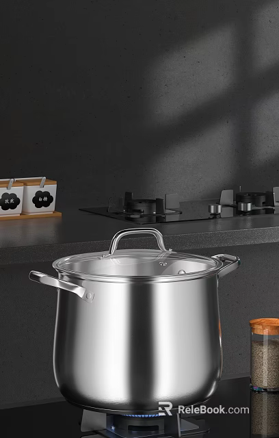Stainless Steel Pot In Modern Kitchen With Gas Stove And Spice Containers 3d model 