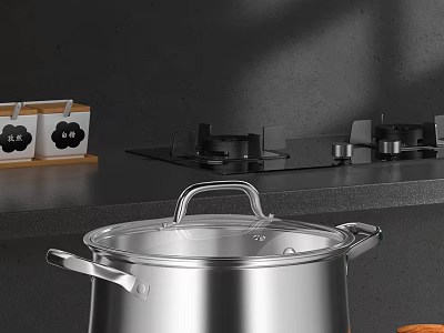 Stainless Steel Pot In Modern Kitchen With Gas Stove And Spice Containers 3d model