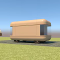 Modern Mobile Kiosk With Open Roof Glass Walls And Pedestrian Near Grassy Area
