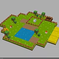 Pixel Art Garden Scene With Green Grass Fence Trees Pond And White Animal