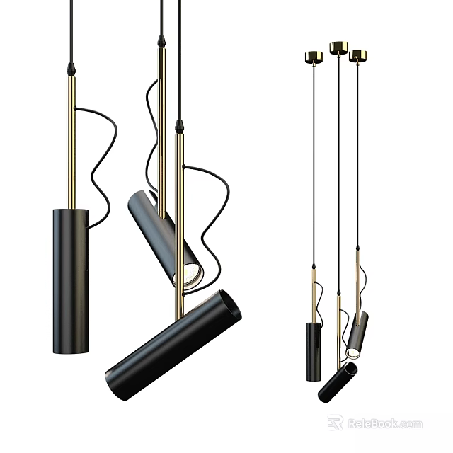 Modern Minimalist Pendant Lights With Black Gold Accents Cylindrical Irregular Shapes And Slender Metal Rods 3d model 