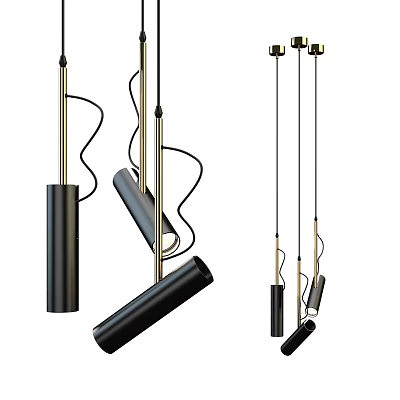 Modern Minimalist Pendant Lights With Black Gold Accents Cylindrical Irregular Shapes And Slender Metal Rods 3d model