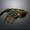 Character's Steampunk Mechanical Hand With Gold Accents Green Components And Gears