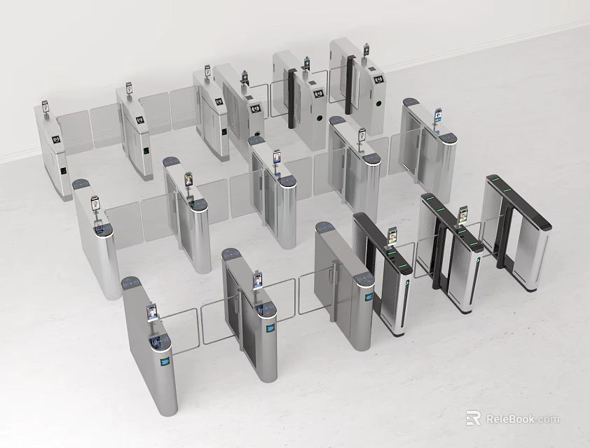 Modern Public Facility Automatic Gates Silver Linear Arrangement With Card Readers 3d model 