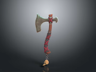 Medieval Style Axe With Metal Head Wooden Handle Red Wrapping And Pendant 3d model