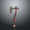 Medieval Style Axe With Metal Head Wooden Handle Red Wrapping And Pendant