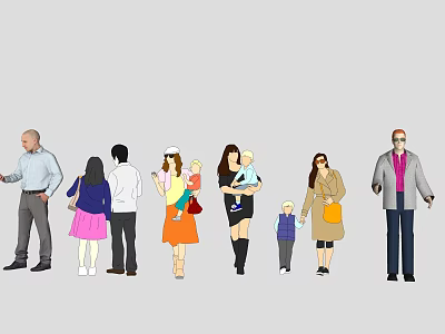 Diverse Group of People Standing Together With Adults Children and Baby in Casual Clothes 3d model