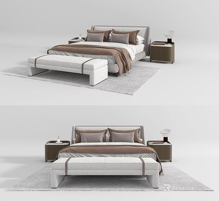 Modern Double Bed With Bedside Tables Lamps Bench And Neutral Bedding 3d model