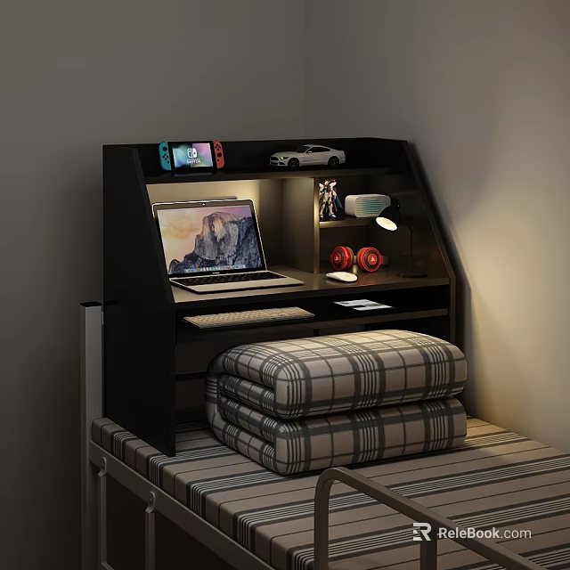 Cozy Bed Desk With Laptop Red Headphones Desk Lamp Game Controller And Toy Car 3d model 