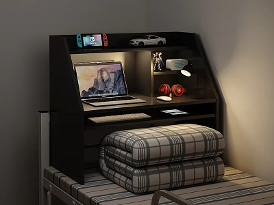 Cozy Bed Desk With Laptop Red Headphones Desk Lamp Game Controller And Toy Car 3d model
