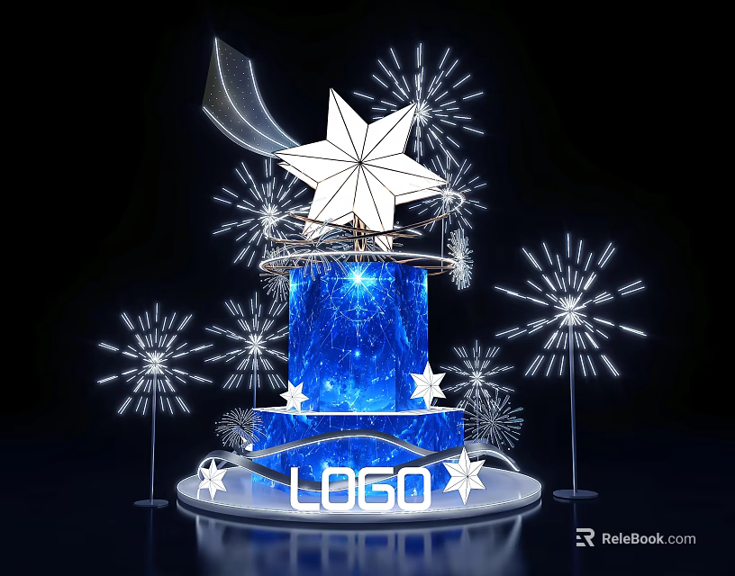 Art Installation Featuring Blue Cylindrical Base Star Decoration And Firework Lights With Logo 3d model 