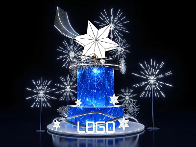 Art Installation Featuring Blue Cylindrical Base Star Decoration And Firework Lights With Logo 3d model