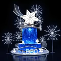 Art Installation Featuring Blue Cylindrical Base Star Decoration And Firework Lights With Logo 3d model