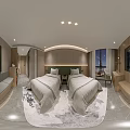 Modern Minimalist Hotel Guest Room With King Bed Green Pillows Wooden Accents And Recessed Lighting