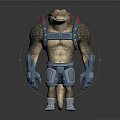 3D Detailed Muscular Crocodile Character With Blue Mechanical Armor Gear Standing Pose