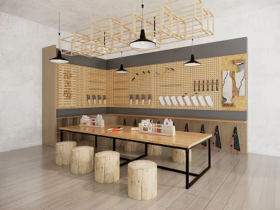 Modern Craft Workspace With Long Table Wooden Stools And Tool Wall 3d model