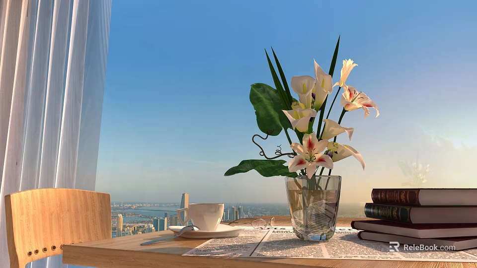 Bright Indoor Interior With Vase Of Flowers Coffee Cup Books And City View 3d model 