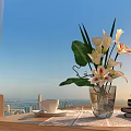 Bright Indoor Interior With Vase Of Flowers Coffee Cup Books And City View