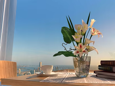 Bright Indoor Interior With Vase Of Flowers Coffee Cup Books And City View 3d model