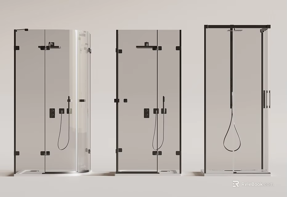 Modern Transparent Glass Shower Partitions With Black Frames And Hardware 3d model