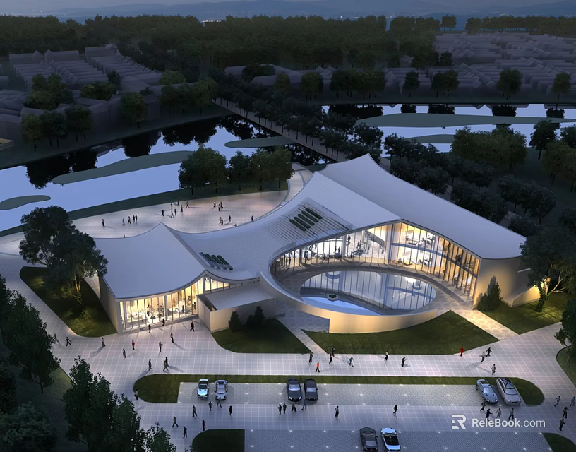 Modern Sales Office Building With Curved Roof Glass Facade Evening Lighting Greenery And Water Pond 3d model 
