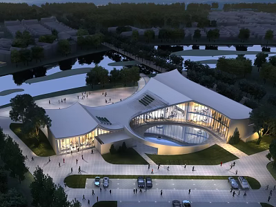 Modern Sales Office Building With Curved Roof Glass Facade Evening Lighting Greenery And Water Pond 3d model