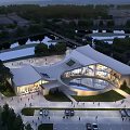 Modern Sales Office Building With Curved Roof Glass Facade Evening Lighting Greenery And Water Pond