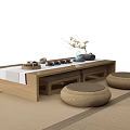 Japanese Style Wooden Tea Table and Chairs with Woven Stools and Tea Set on Tatami