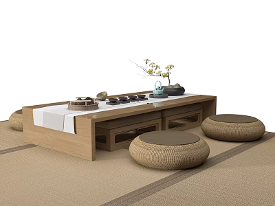 Japanese Style Wooden Tea Table and Chairs with Woven Stools and Tea Set on Tatami 3d model