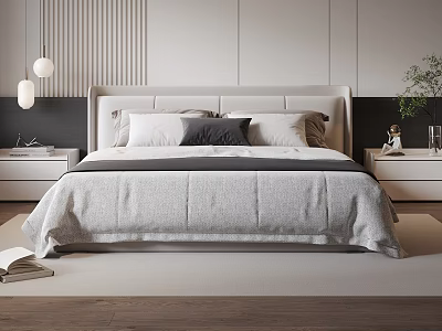 Modern Double Bed Interior With Upholstered Headboard Pillows Nightstands And Wooden Floor 3d model