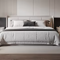 Modern Double Bed Interior With Upholstered Headboard Pillows Nightstands And Wooden Floor