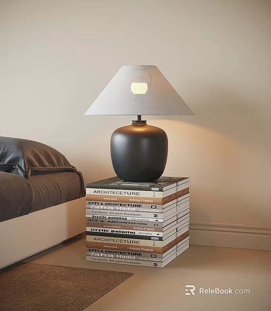 Modern Black Table Lamp with Gray Lampshade On Stack of Books in Cozy Living Room 3d model 