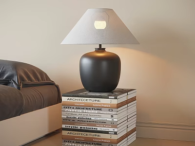 Modern Black Table Lamp with Gray Lampshade On Stack of Books in Cozy Living Room 3d model