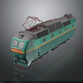 Green Electric Train Model with Yellow Stripes Red Pantograph and Dark Background Reflection