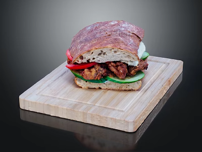 Crunchy Chicken Sandwich With Rustic Bread Tomato Slices Cucumber And Lettuce On Wooden Board 3d model
