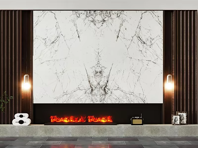 Modern TV Background Wall with Marble Texture Wooden Panels Wall Lamps and Fireplace Flames 3d model