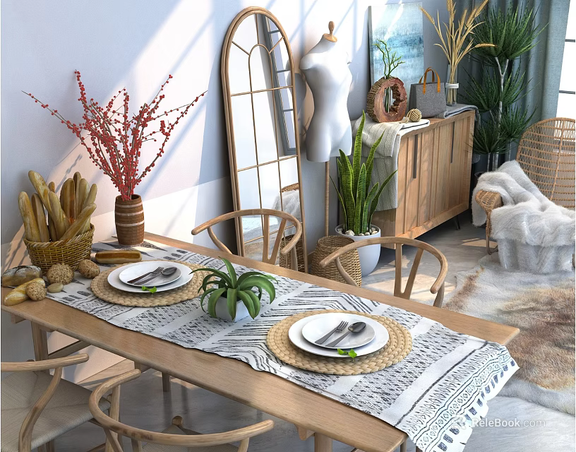 Natural Style Dining Table Set with Wooden Table Chairs Woven Placemats and Green Plants 3d model 