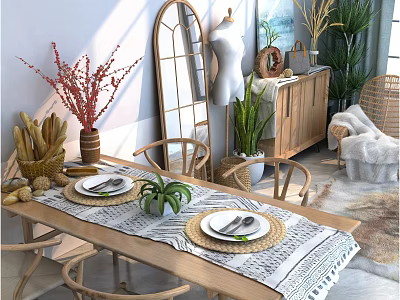 Natural Style Dining Table Set with Wooden Table Chairs Woven Placemats and Green Plants 3d model