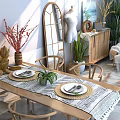 Natural Style Dining Table Set with Wooden Table Chairs Woven Placemats and Green Plants