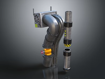 Industrial Metal Pipes Assembly With Yellow Valve Black Straps And Fittings 3d model