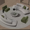 Modern White Sofa And Coffee Table Set With Green Armchairs Marble Top And Round Rug