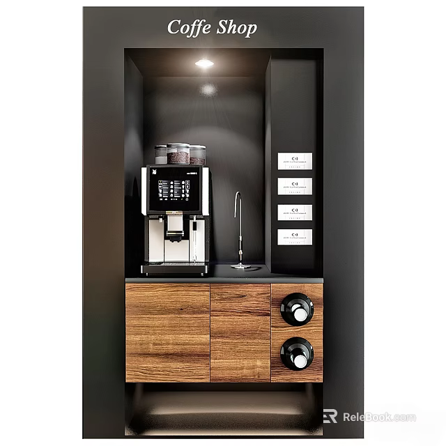 Modern Built in Coffee Machine with Wooden Cabinets and Faucet in Kitchen Interior 3d model 