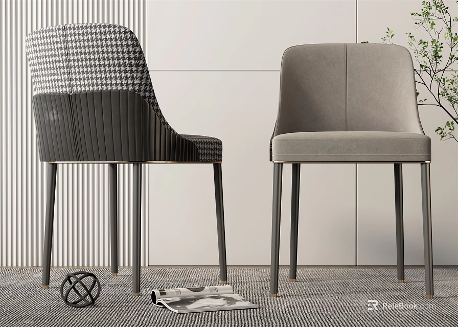 Modern Dining Chairs With Houndstooth Pattern And Light Gray Upholstery Metal Legs 3d model