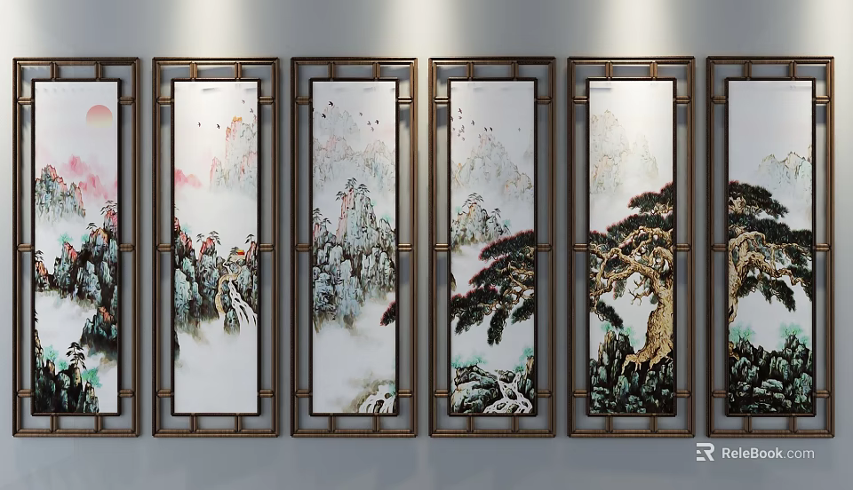 Chinese Traditional Landscape Paintings With Wooden Frames And Mountain Pine Scenery 3d model 