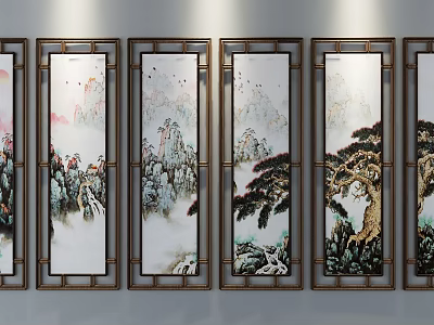 Chinese Traditional Landscape Paintings With Wooden Frames And Mountain Pine Scenery 3d model